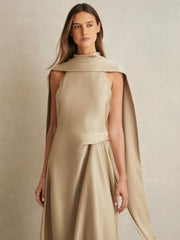Satin Tuck-Detail Cape Midi Dress Champagne Neutral | Women