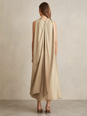 Satin Tuck-Detail Cape Midi Dress Champagne Neutral | Women