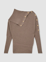 Rib-Knit Button Shawl Jumper Taupe | Women