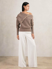 Rib-Knit Button Shawl Jumper Taupe | Women