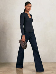 Chain-Detail Keyhole Knit Top Navy | Women