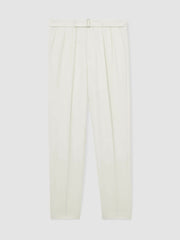 Wool-Blend Belted Pleated Trousers Regular-Fit White | Men