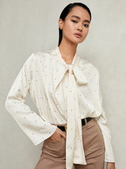Satin Polka Dot Tie Neck Blouse Ivory | Women