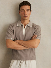 Micro-Cable Half-Zip Polo Shirt Light Taupe Brown | Men