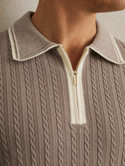 Micro-Cable Half-Zip Polo Shirt Light Taupe Brown | Men