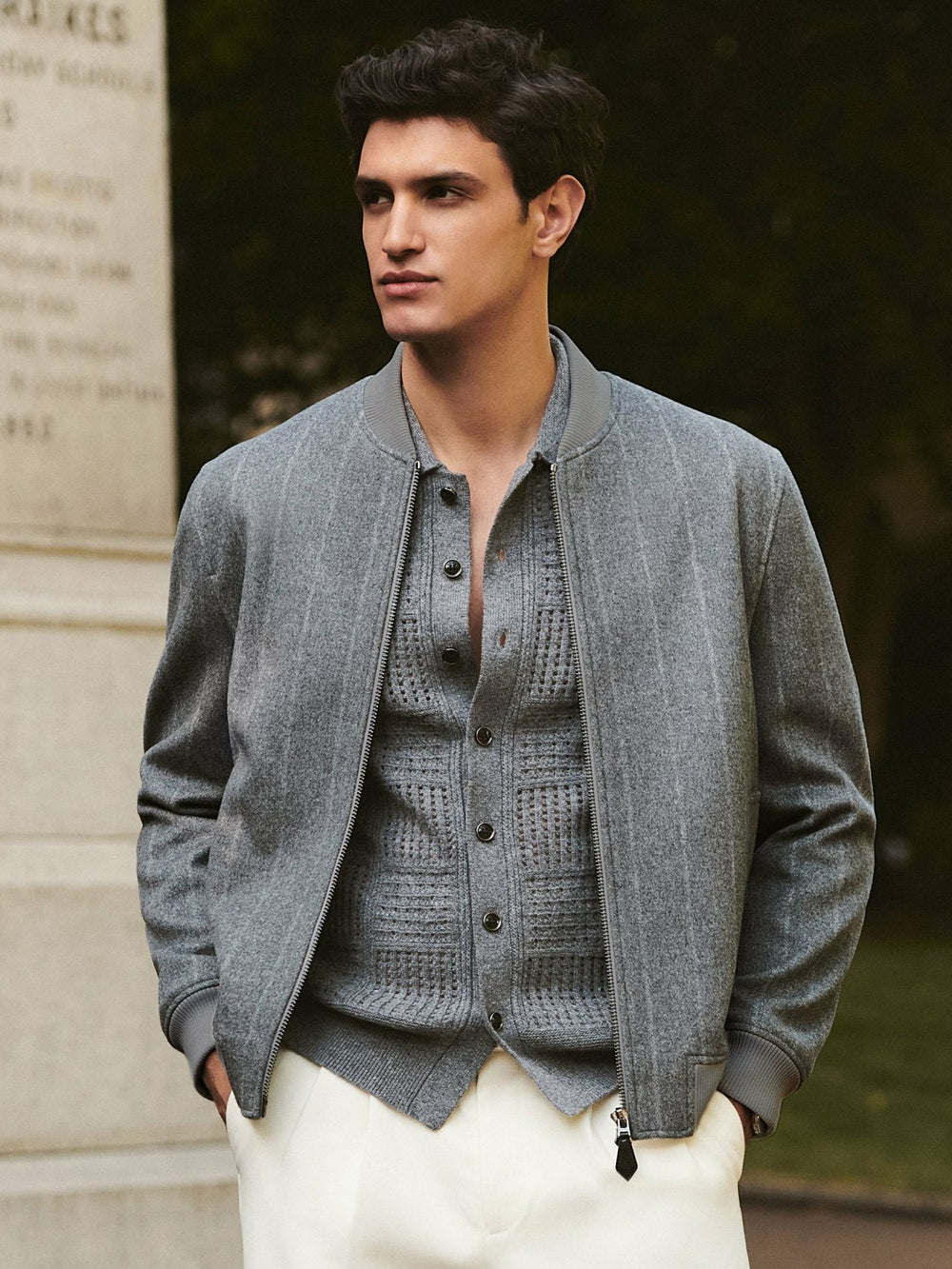 Wool-Blend Chalk-Stripe Bomber Jacket Grey | Men