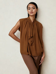 Crepe-Chiffon Ruffle Sleeveless Top Tan Brown | Women