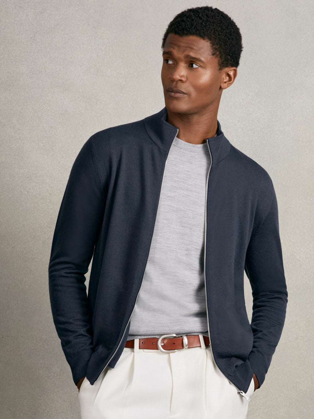 Merino Wool Zip Through Cardigan Midnight Navy | Men