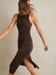 Jersey Ruched Racer Midi Dress Chocolate Brown | Women