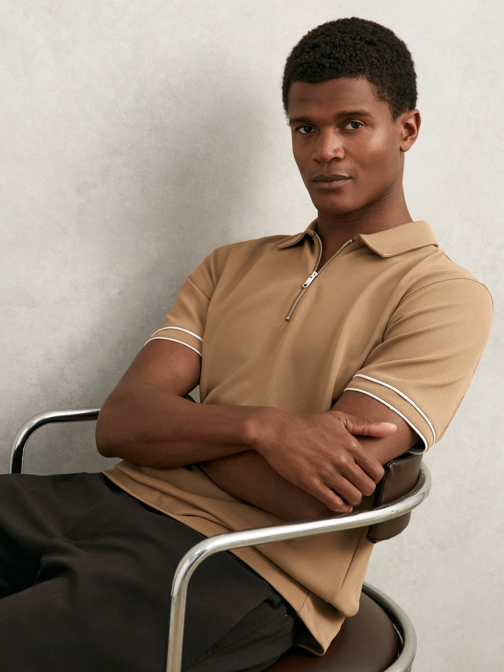 Textured Half-Zip Tipped Polo Shirt Camel | Men