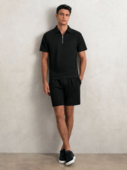 Textured Raglan Half-Zip Polo Shirt Black | Men