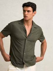 Jacquard-Stripe Cuban-Collar Shirt Dark Green | Men