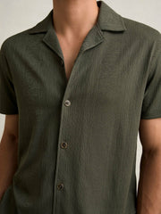 Jacquard-Stripe Cuban-Collar Shirt Dark Green | Men