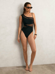 One Shoulder Mesh Panel Swimsuit Black | Women