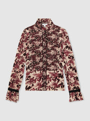 Abstract-Print Ruffle-Neck Shirt Burgundy/Cream | Women