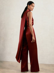 Petite Satin Cape-Sash Jumpsuit Dark Red | Women