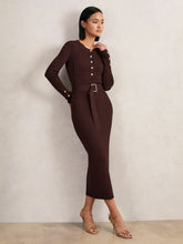 Buttoned Rib-Knit Midi Dress Burgundy | Women