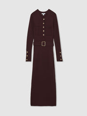 Buttoned Rib-Knit Midi Dress Burgundy | Women