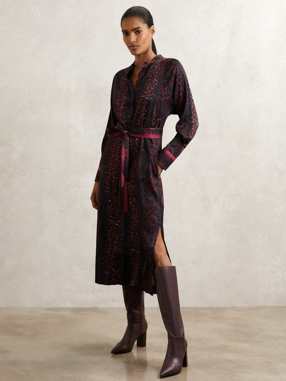 Snake-Print Belted Shirt Dress Burgundy/Black | Women