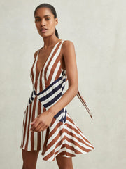 Stripe-Print Sleeveless Mini Dress Brown/Navy | Women