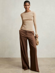 Cotton Long-Sleeve Ruched T-Shirt with Stretch Camel | Women
