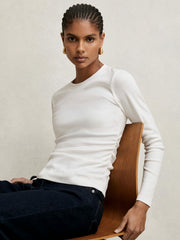 Cotton Long-Sleeve Ruched T-Shirt with Stretch White | Women