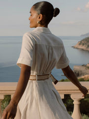 Linen Belted Midi Shirt Dress Ivory | Women