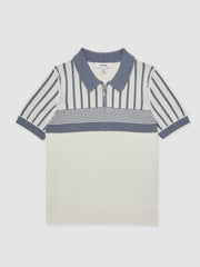 3-9 yrs Cotton Stripe Knit Half-Zip Polo Shirt Off White/ Airforce Blue | Children & Baby
