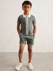 9-13 yrs Tipped Knit Zip-Through Shirt Dark Sage Green | Children & Baby