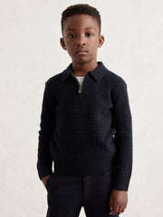 3-9 yrs Wool Waffle-Knit Half-Zip Polo Shirt Navy Blue | Children & Baby