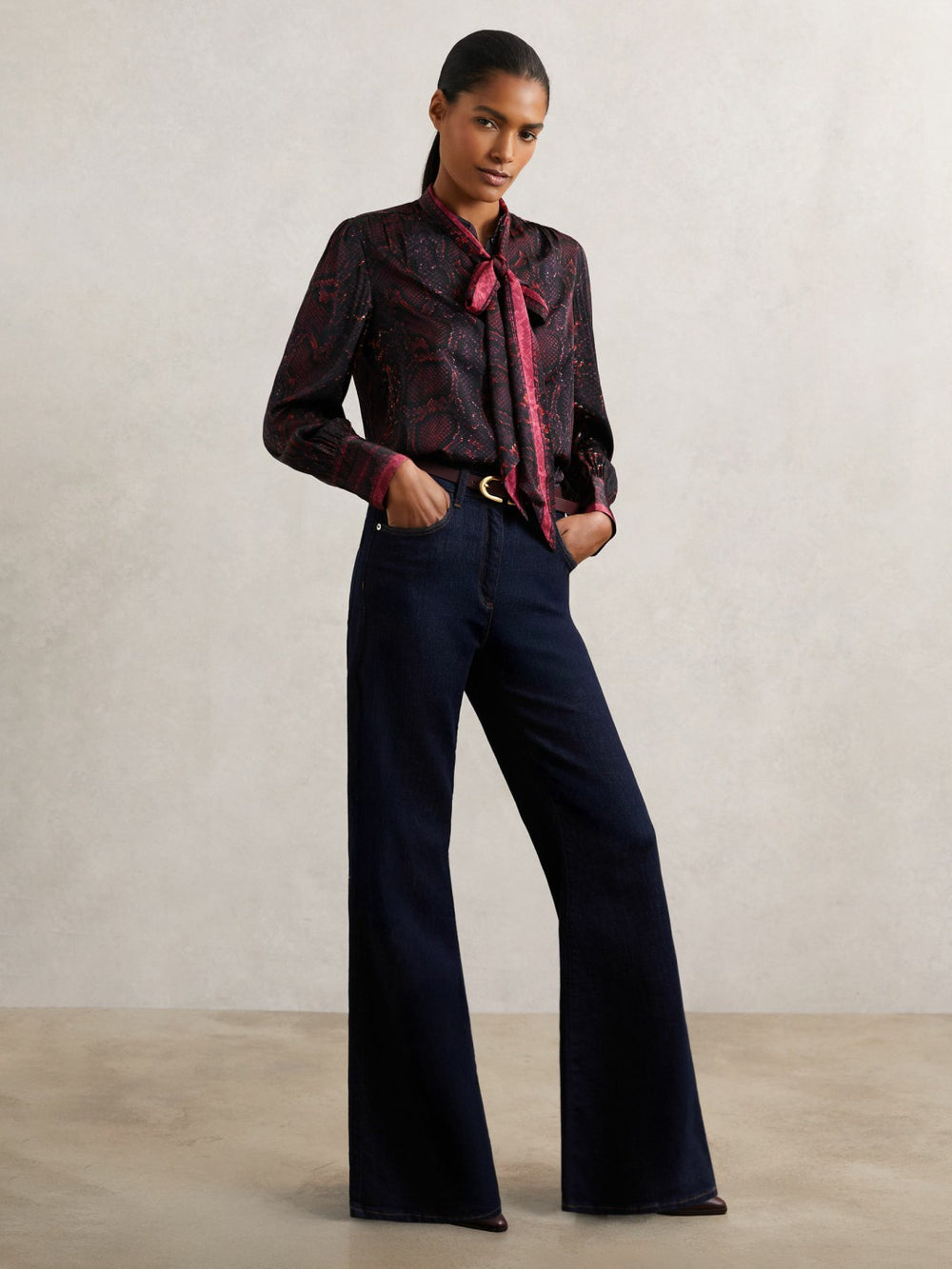 Snake-Print Tie-Neck Blouse Burgundy | Women