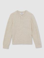 13-14 yrs Cotton-Blend Rib-Knit Henley Top Oatmeal Melange | Children & Baby