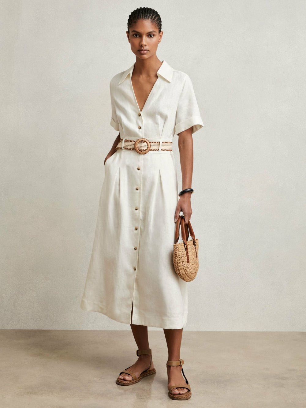 Petite Linen Belted Midi Shirt Dress Ivory | Women