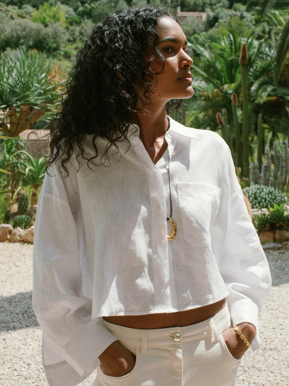 Oversize Linen Cropped Shirt White | Women