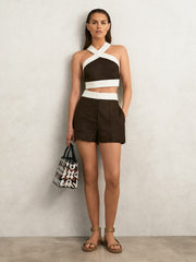 Linen Colourblock Shorts Chocolate/Cream | Women