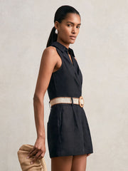 Linen Belted Sleeveless Wrap Playsuit Navy | Women