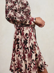 Printed Tie-Waist Flippy Mini Dress Burgundy/Cream | Women