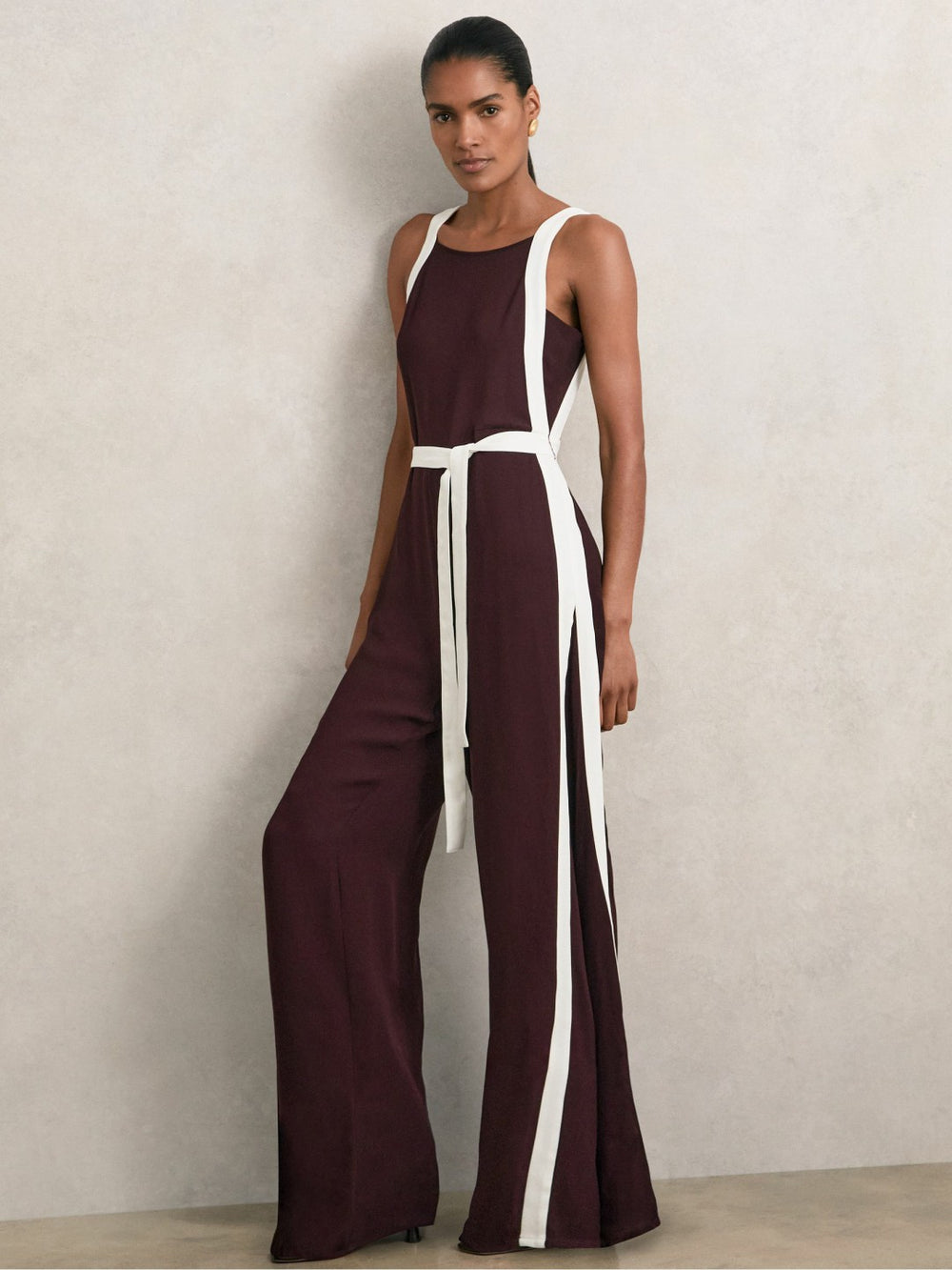 Colourblock Wide Leg Belted Jumpsuit Burgundy/Cream | Women