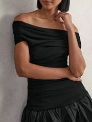 Off-Shoulder Puffball Mini Dress Black | Women