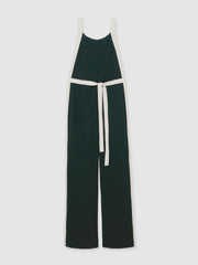 Colourblock Wide Leg Belted Jumpsuit Dark Green/Cream | Women