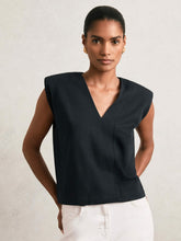 Cotton Shoulder-Pad V-Neck Top Navy | Women