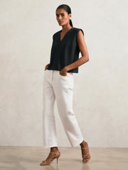 Cotton Shoulder-Pad V-Neck Top Navy | Women