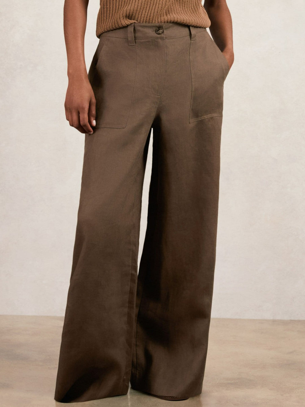 Petite Linen Wide Leg Trousers Chocolate Brown | Women