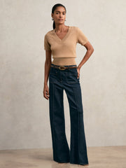 Cotton-Wool Knit V-Neck Top Camel | Women