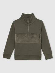 9-13 yrs Slim Fit Half-Zip Funnel Neck Velour Sweatshirt Dark Sage Green | Children & Baby