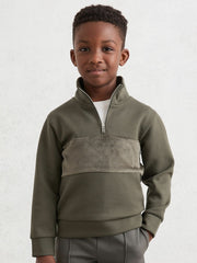 9-13 yrs Slim Fit Half-Zip Funnel Neck Velour Sweatshirt Dark Sage Green | Children & Baby