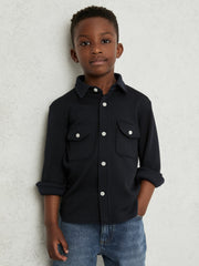 13-14 yrs Waffle-Textured Twin-Pocket Overshirt Navy | Children & Baby