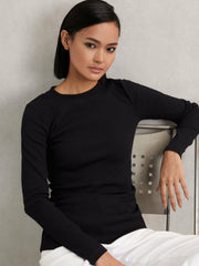 Cotton Long-Sleeve Ruched T-Shirt with Stretch Black | Women