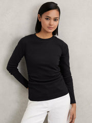 Cotton Long-Sleeve Ruched T-Shirt with Stretch Black | Women