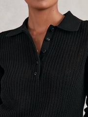 Open-Knit Long-Sleeve Polo Top Black | Women